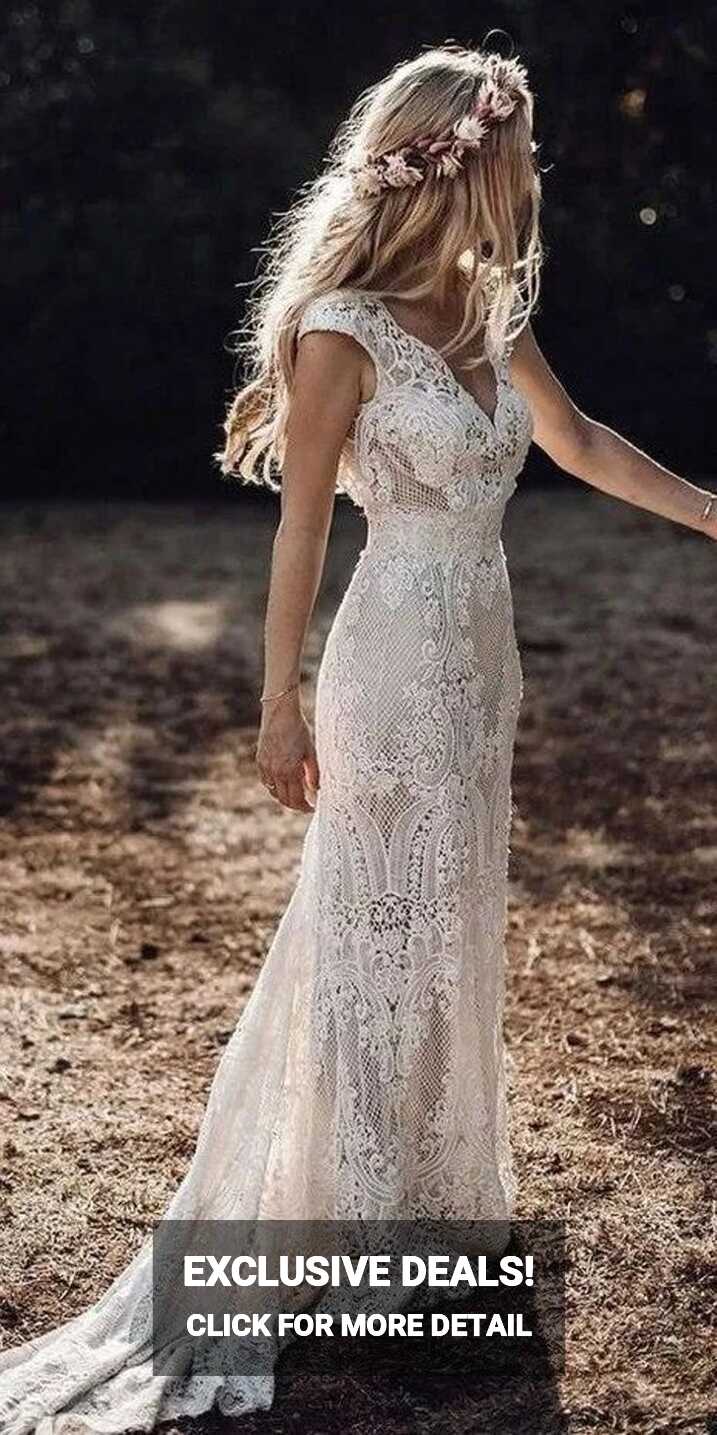 Boho lace wedding dress in sheath silhouette made to order, white ...