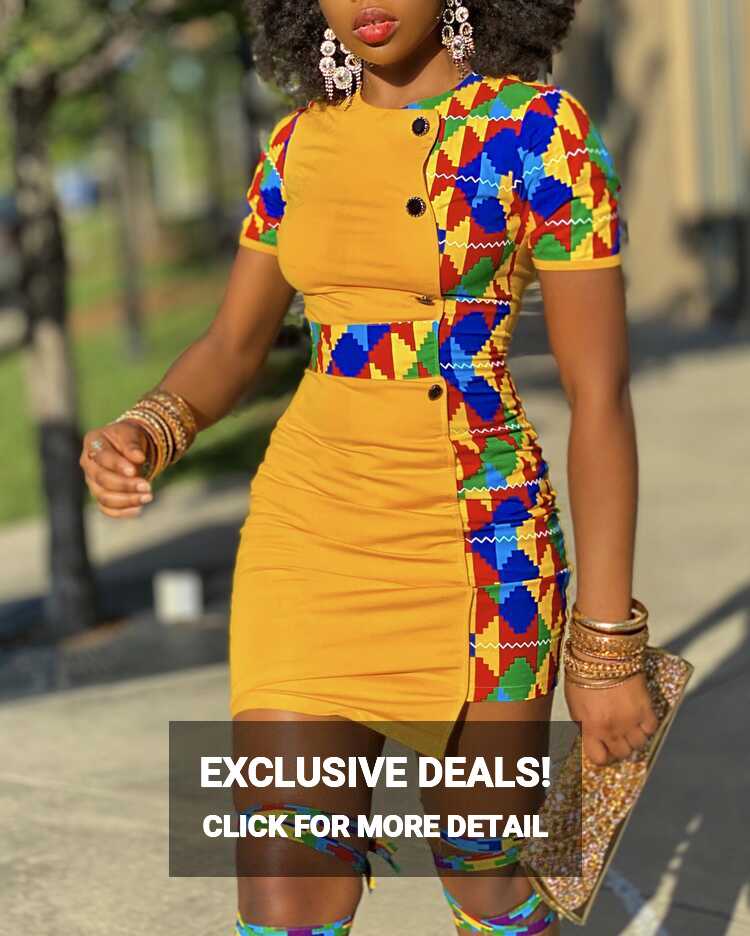 Bolanle Stretchy Dress (Yellow African Ankara Dashiki Kente Print ...