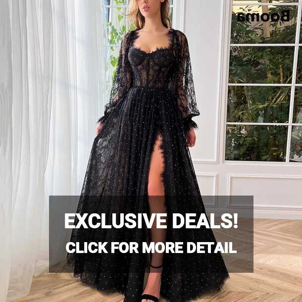 Booma Black Sweetheart Lace A-Line Prom Dresses Long Puff Sleeves ...