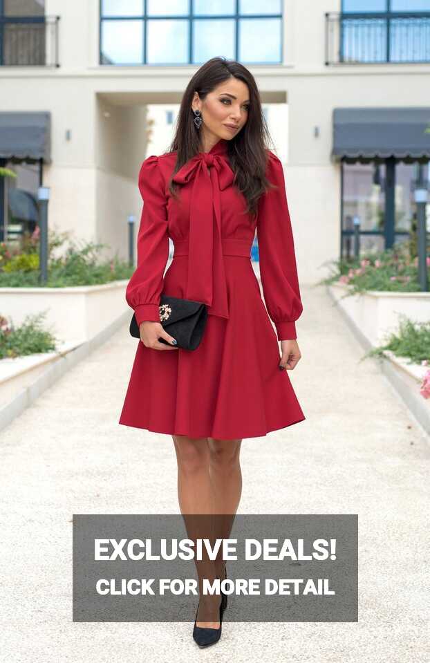 Bow Neckline Knee Length Dress / Long Sleeve Dress / Red Dress ...