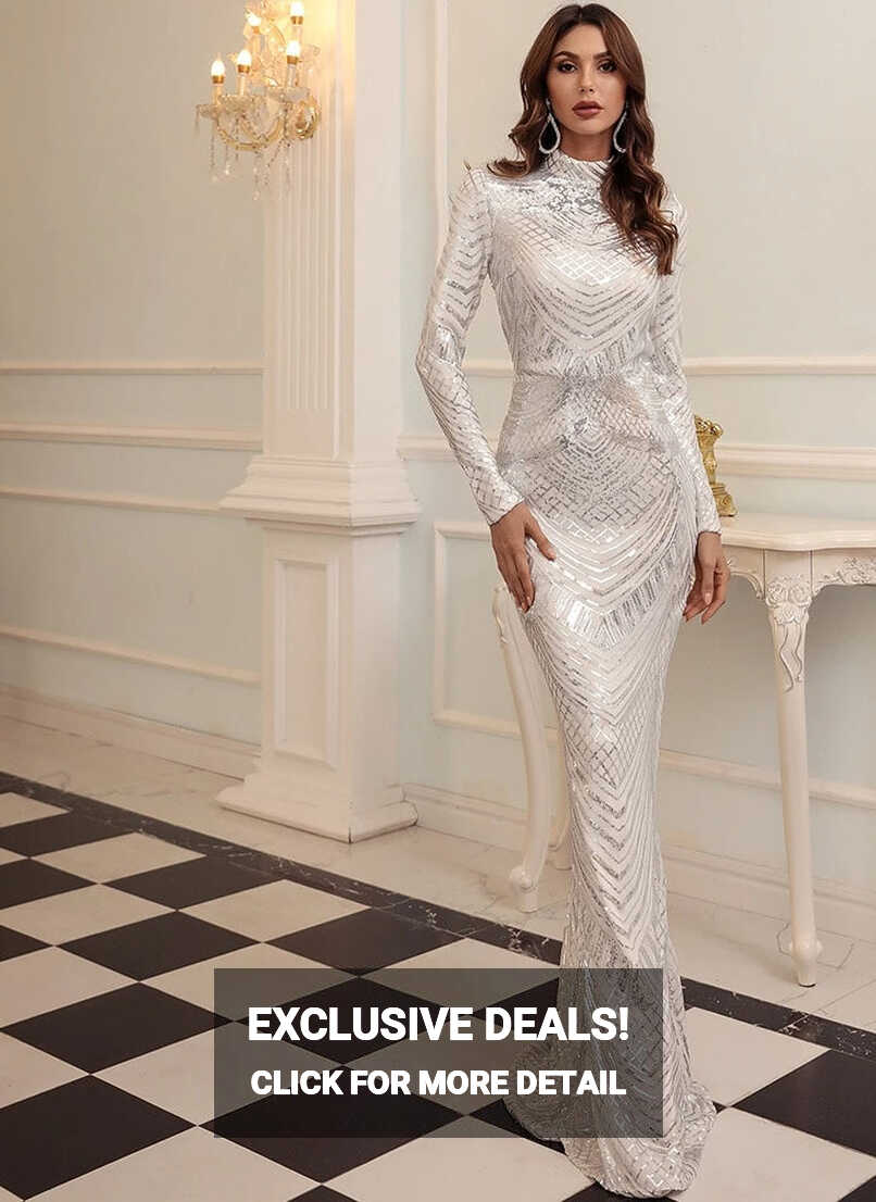 Bridesmaid Elegant High Neck Sequin Dress Long Sleeve Maxi Bodycon ...