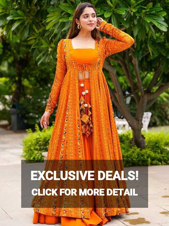 Bright-Orange Three Piece Digital Printed Koti Style Indo-Western ...