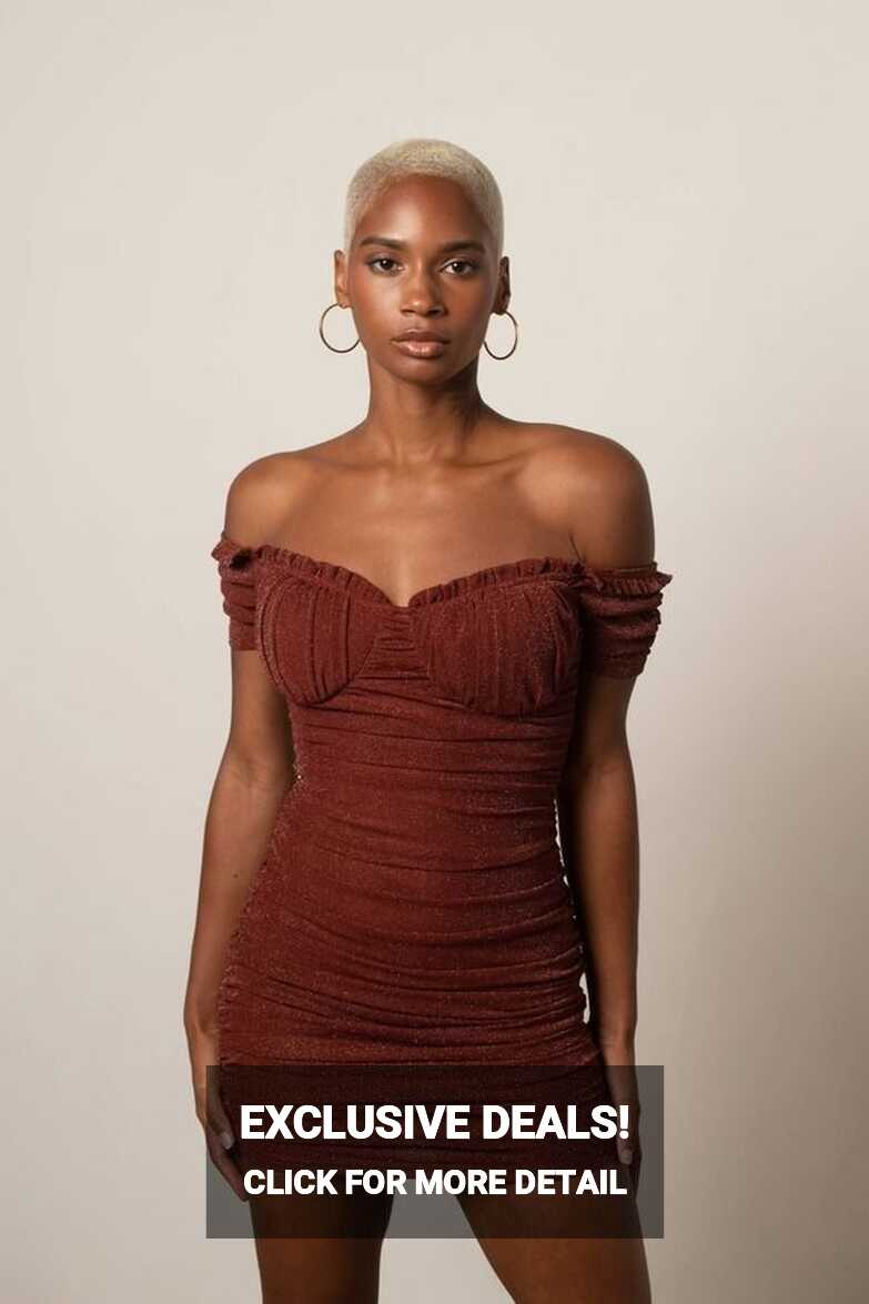 Brown Mini Dress - Off Shoulder Sleeve Ruched Dress - Metallic ...