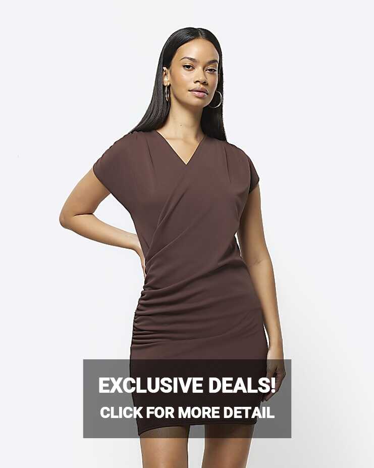 Brown drape wrap bodycon mini dress | River Island