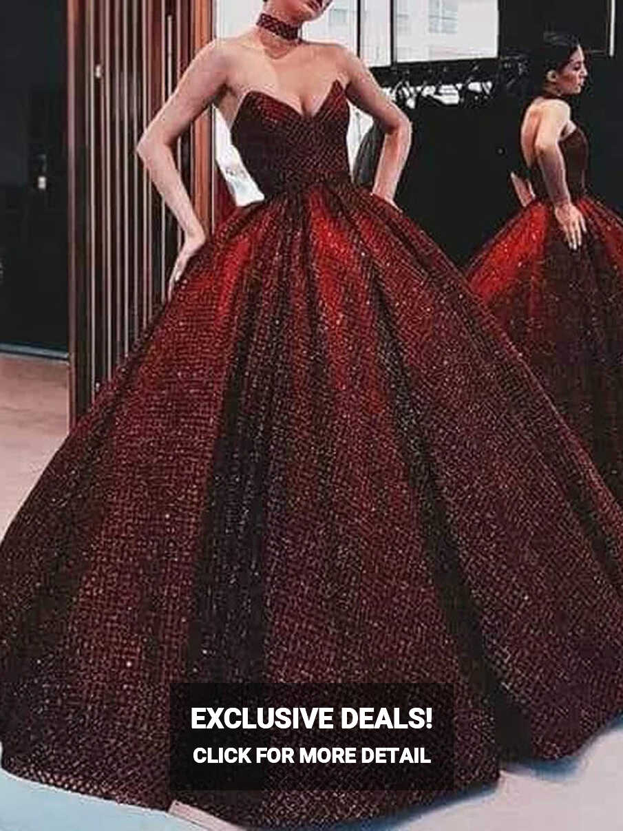 Burgundy A-Line Sparkly Strapless Modest Long Prom Dresses, Ball ...