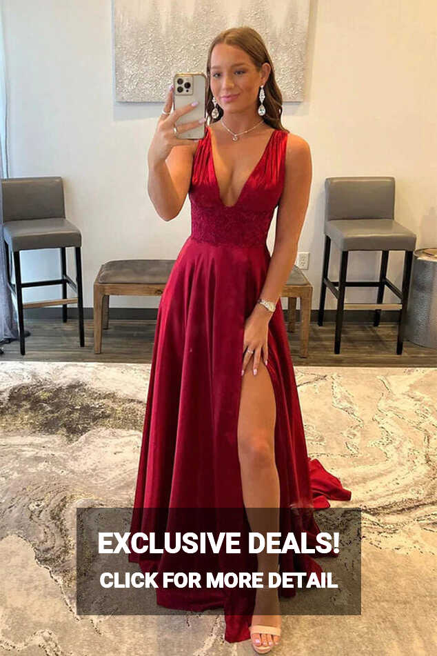 Burgundy A Line V Neck Lace Prom Dresses With Slit, PL527 | Promnova