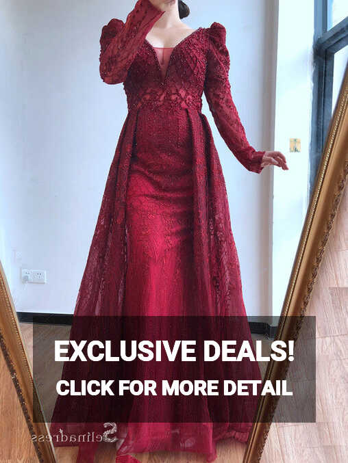 Burgundy A-line Luxury Lace Prom Dress Long Sleeve Beaded Evening ...