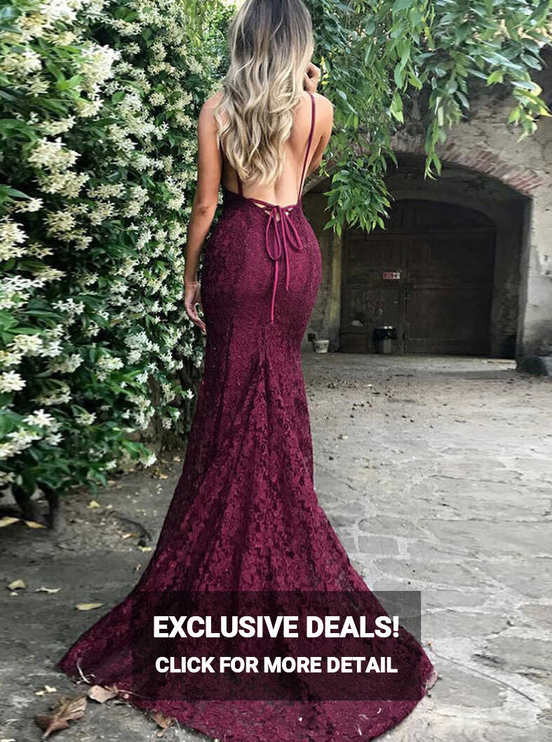 Burgundy Backless Lace Evening Dress,Prom Dress with Train,V Neck ...