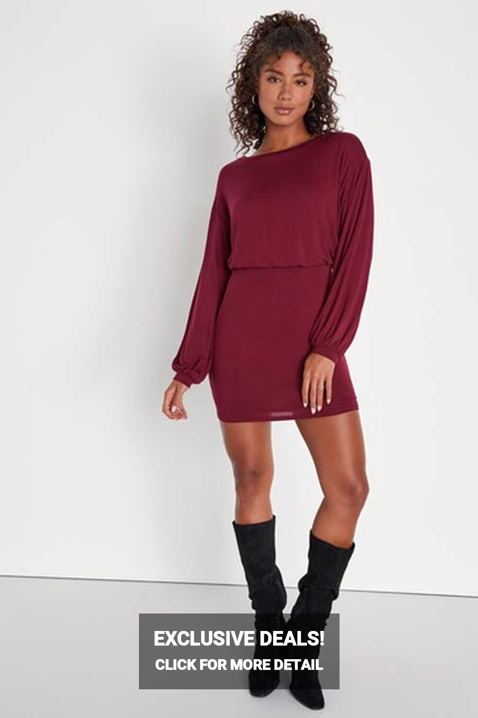 Burgundy Casual Dress - Balloon Sleeve Mini Dress - Bodycon Dress ...