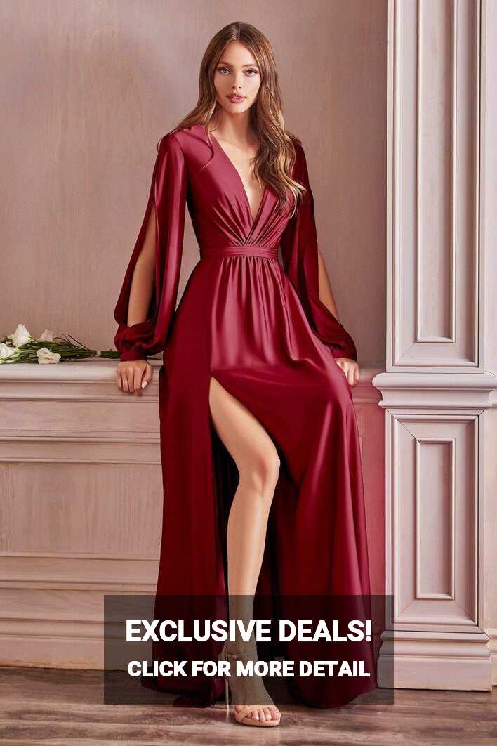 Burgundy Cinderella Divine CD7475 Formal Long Sleeve Dress Evening ...