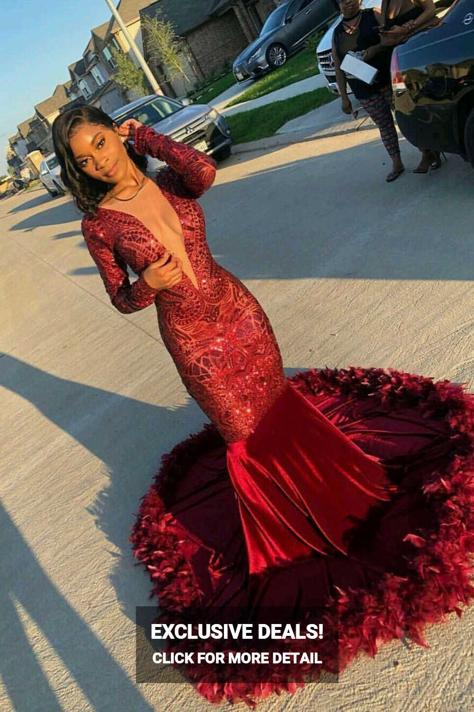 Burgundy Deep V-Neck Long Sleeve Mermaid Prom Dress With Sequins ...