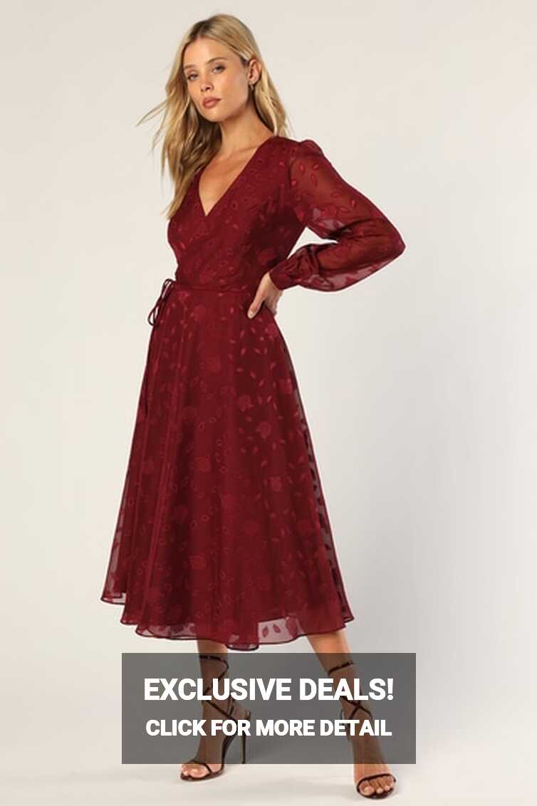 Burgundy Dress - Wrap Midi Dress - Long Sleeve Wrap Dress - Lulus