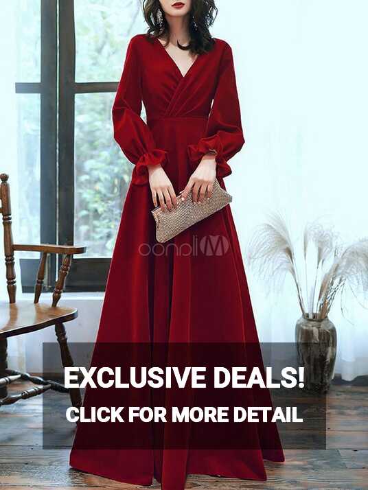 Burgundy Evening Dress Velvet A Line V Neck Long Sleeve Floor ...