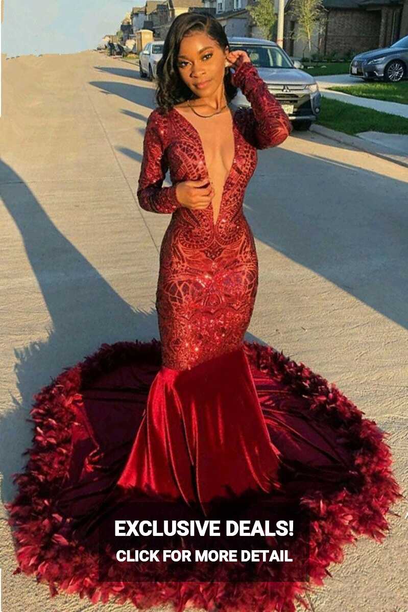 Burgundy Evening Gowns Sexy Deep V-Neck Long Sleeves Mermaid Prom ...