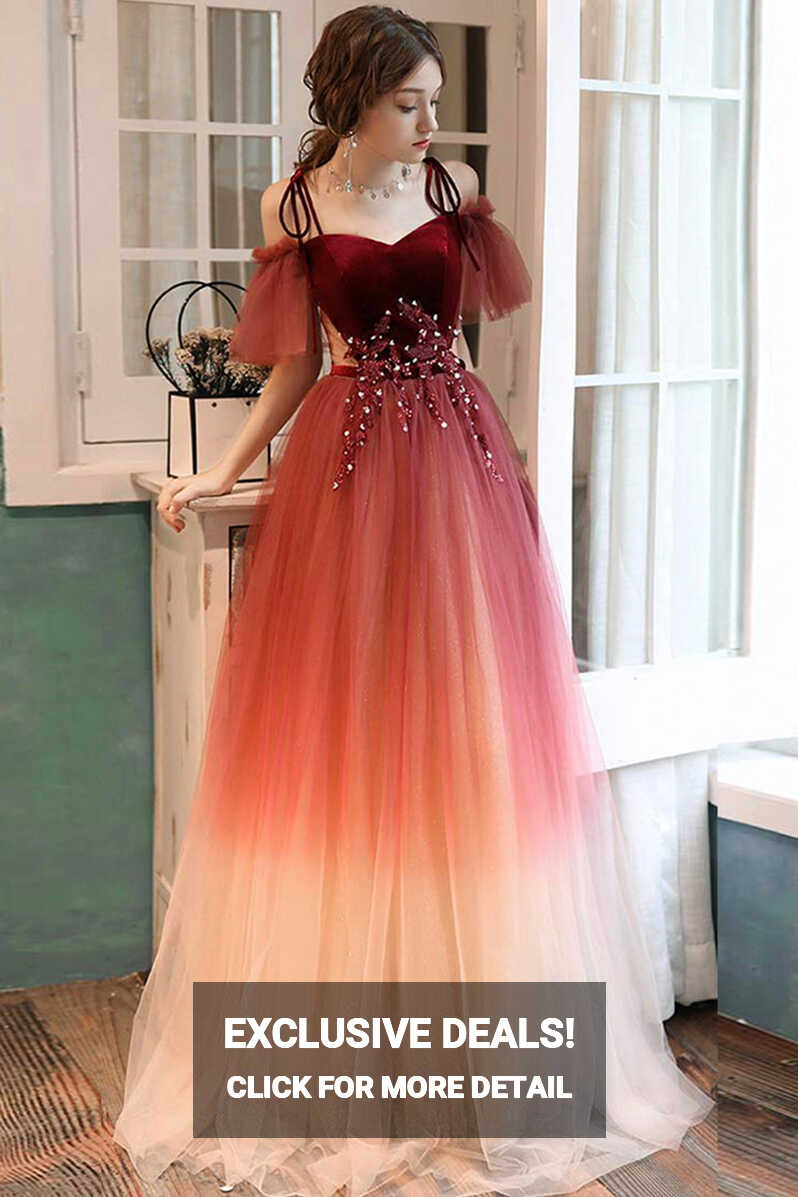 Burgundy Gradient Tulle Long Prom Dress, Lovely Spaghetti Strap Evenin