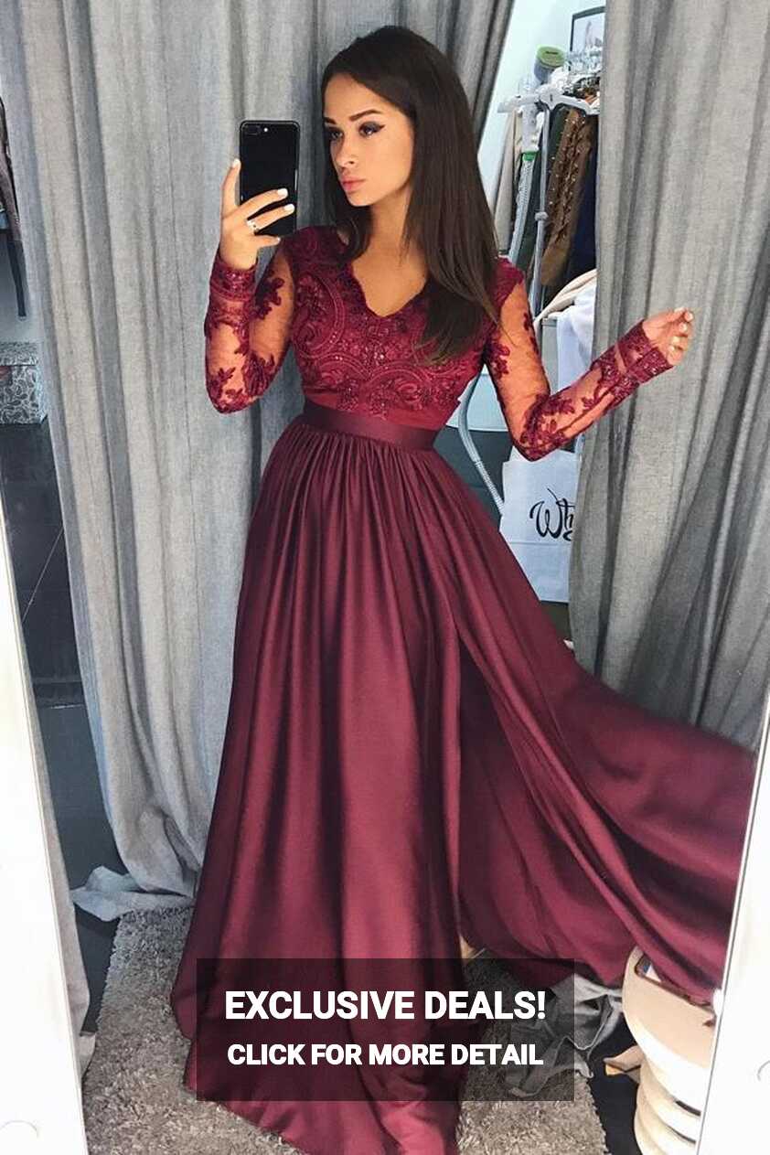 Burgundy Long Sleeves A-line Satin Long Prom Dresses Evening ...