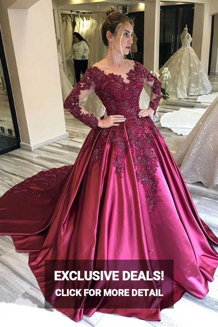 Burgundy Long Sleeves Floral Embroidery Prom Dresses With Court ...