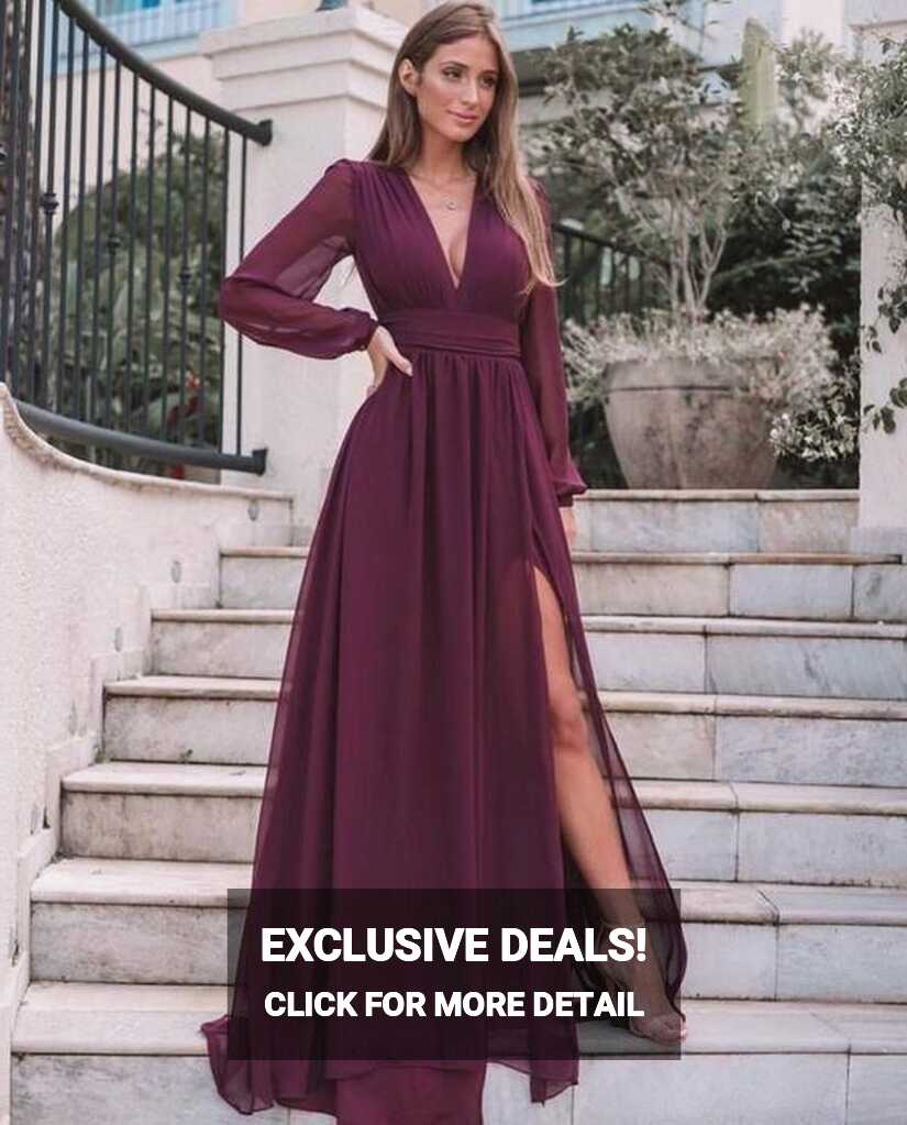 Burgundy Long Sleeves Wedding Guest Dresses Fall Chiffon V Neck ...