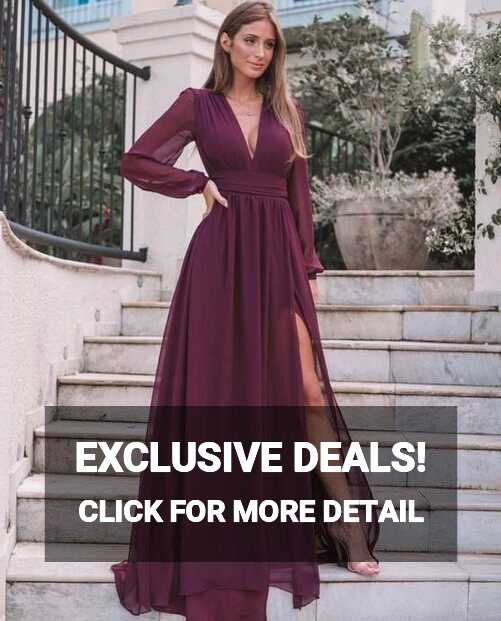 Burgundy Long Sleeves Wedding Guest Dresses Fall Chiffon V Neck