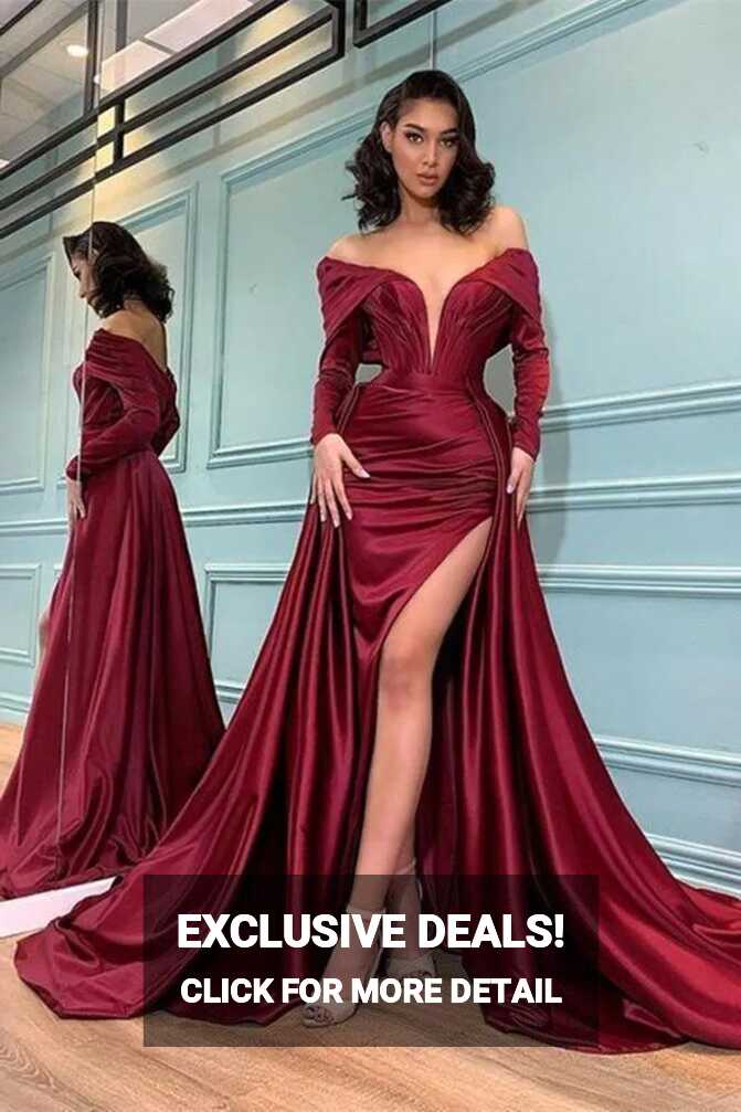 Burgundy Off Shoulder Maroon Prom Dresses 2022 With Long Sleeves ...