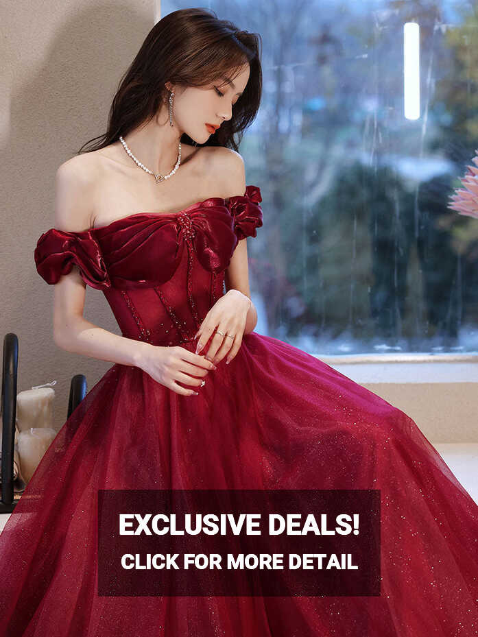 Burgundy Off Shoulder Tulle Long Prom Dress, Burgundy Formal ...