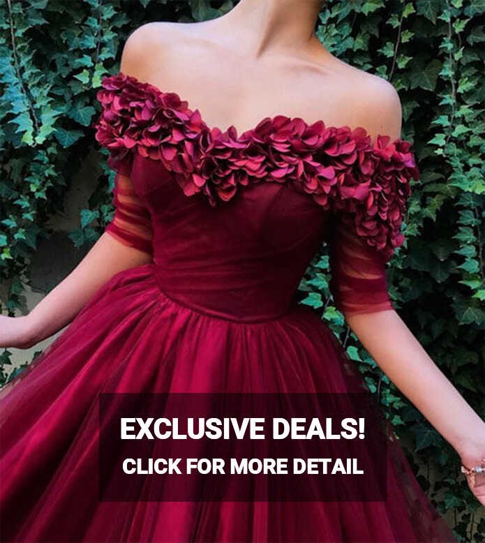 Burgundy Off the Shoulder Half-Sleeve A-line Tulle Long Pom ...