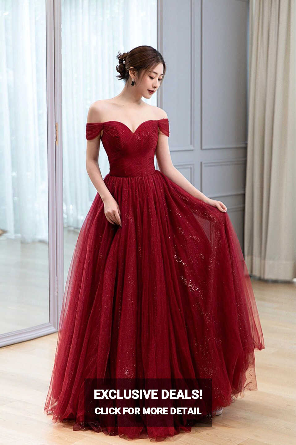 Burgundy Off the Shoulder Long Prom Dress, Elegant Tulle Formal Evenin