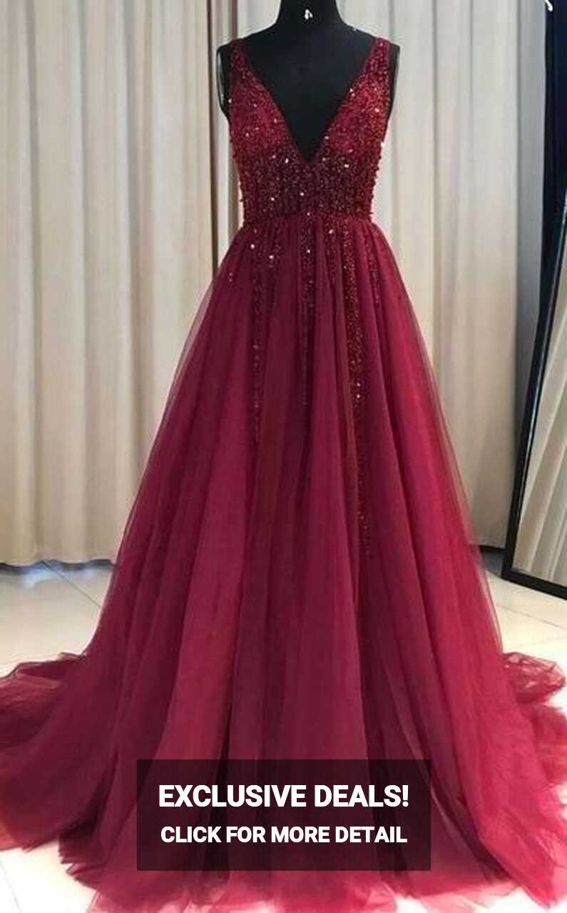 Burgundy Prom Dress, V Neck Prom Dresses, Beaded Prom Dresses ...