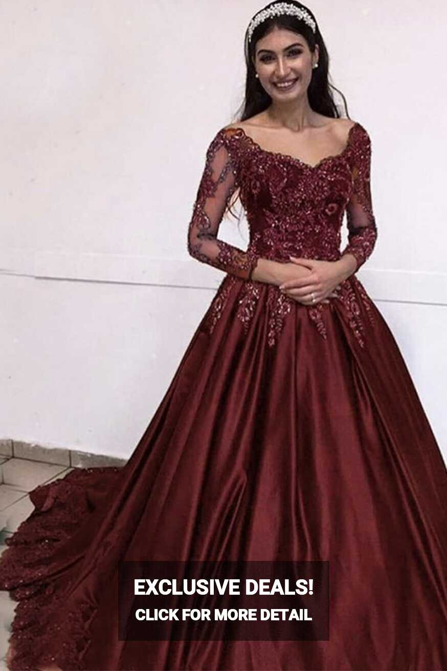 Burgundy Prom Dress Long Sleeve Lace Appliques Formal Dress DTP116 ...