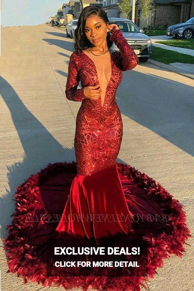 Burgundy Red Mermaid Prom Dresses 2022 Red With Sequined Velet And ...