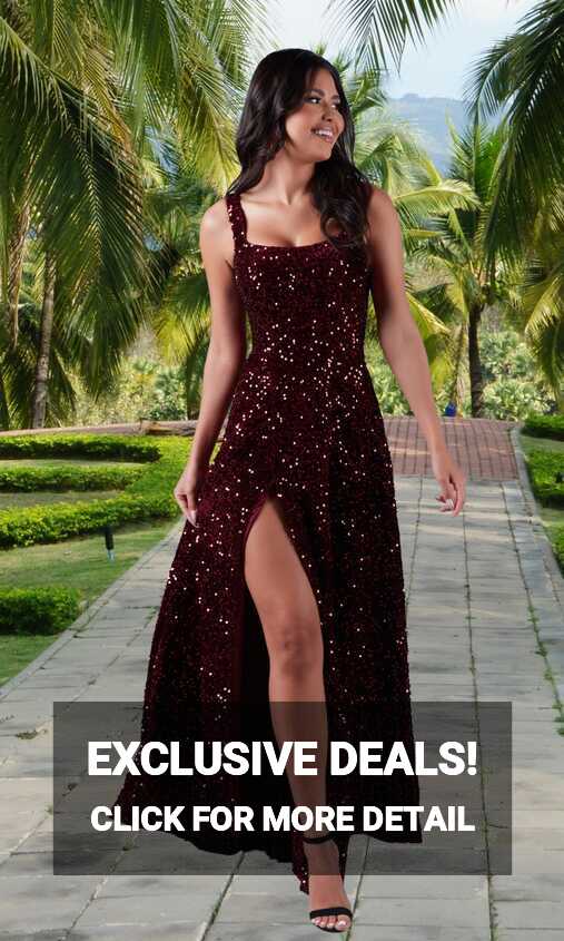 Burgundy Red Sequin-Velvet Long Prom Dress - PromGirl