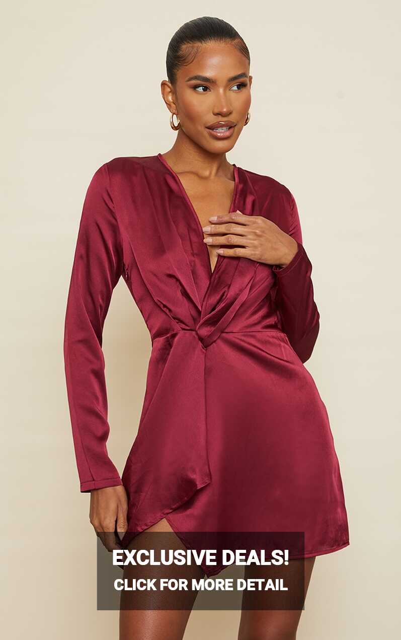 Burgundy Satin Long Sleeve Wrap Dress | PrettyLittleThing USA