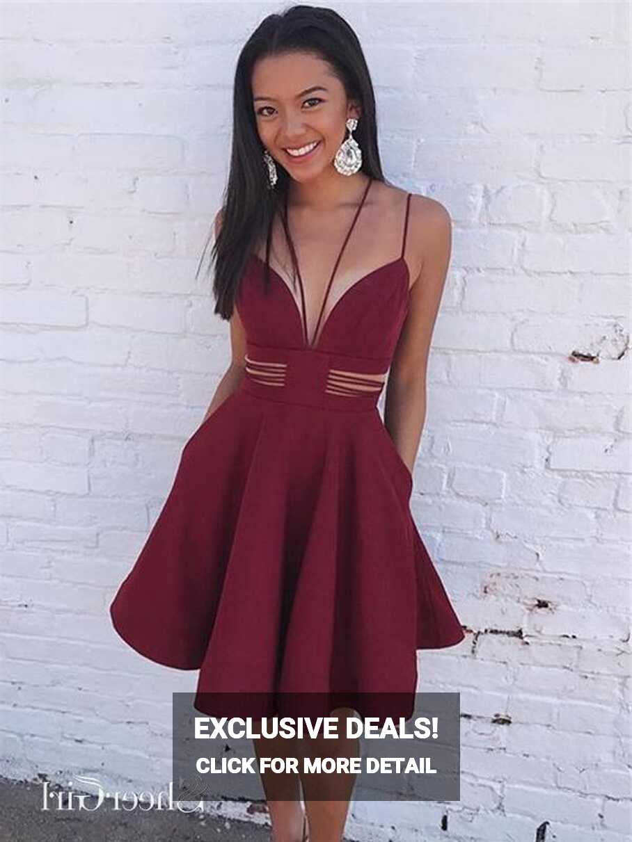 Burgundy Short Homecoming Dresses with Pocket Spaghetti Strap ...