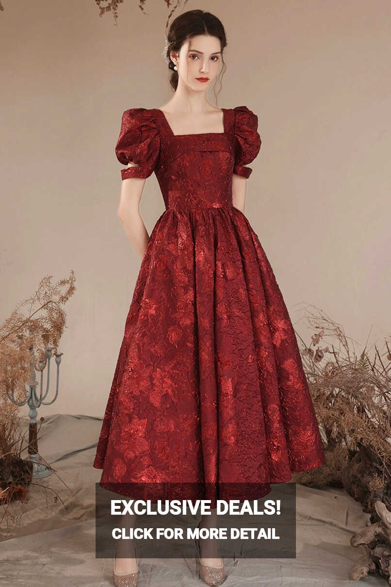 Burgundy Short Sleeve Tea Length Prom Dress, Lovely A-Line Evening Par