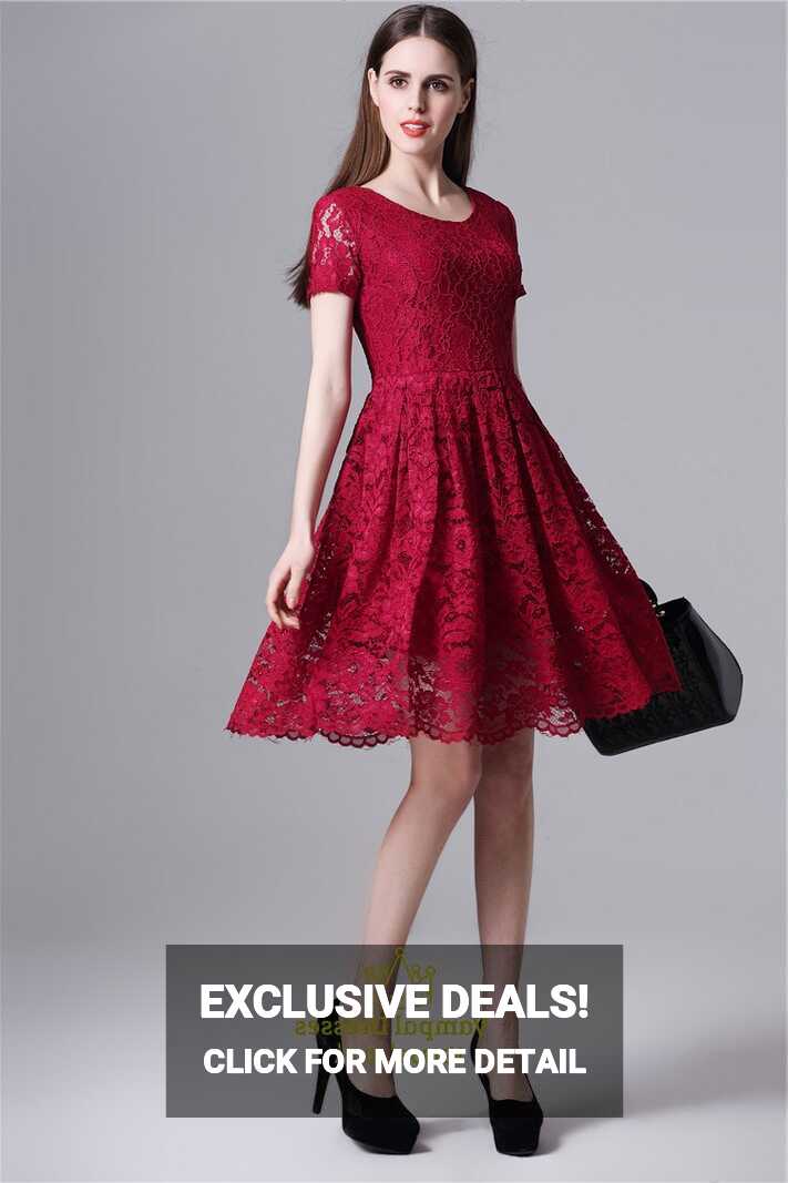 Burgundy Simple Short Sleeve A-Line Knee Length Lace Overlay ...