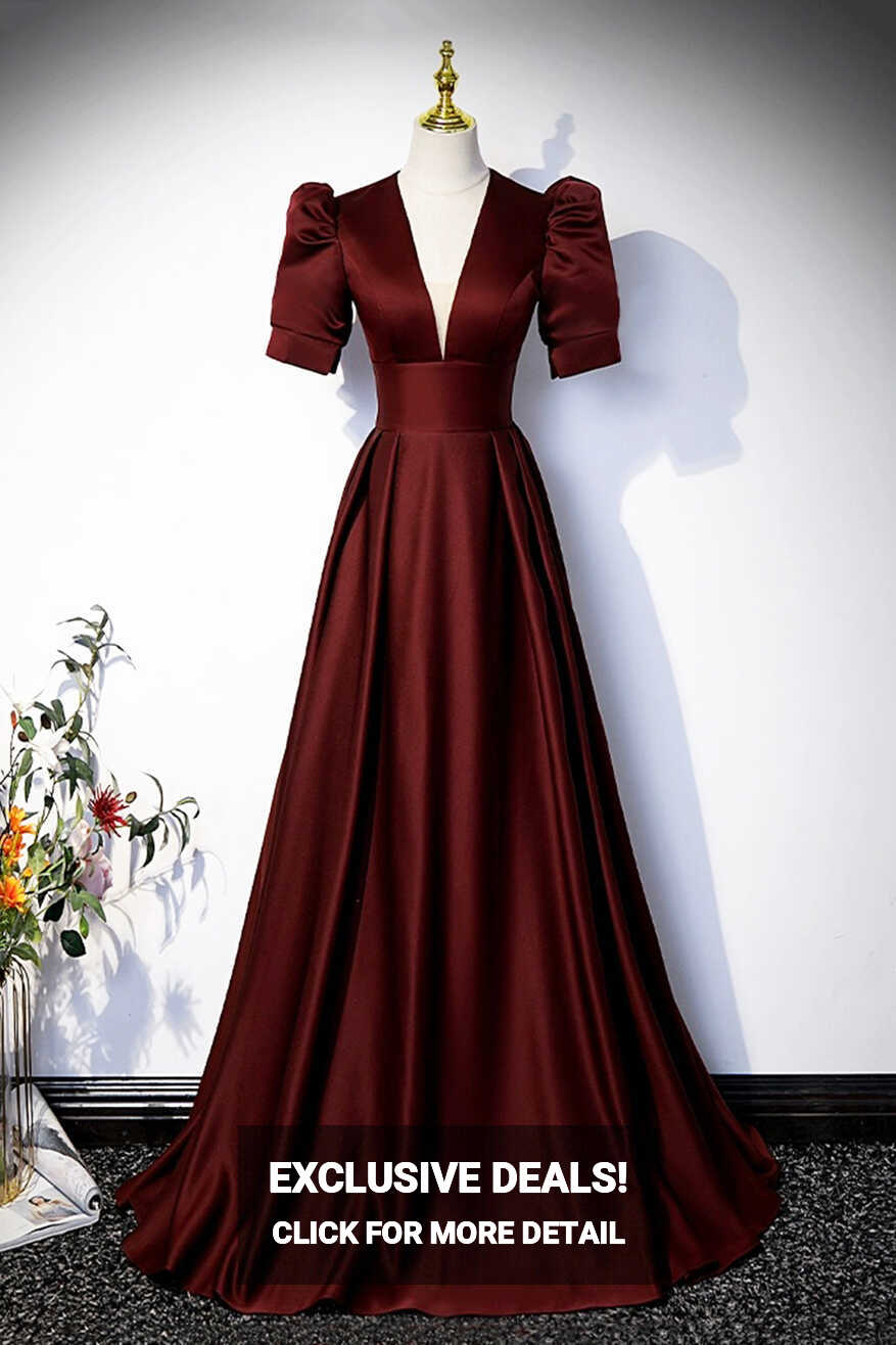 Burgundy V-Neck Satin Long Prom Dress, Simple Short Sleeve Evening Par