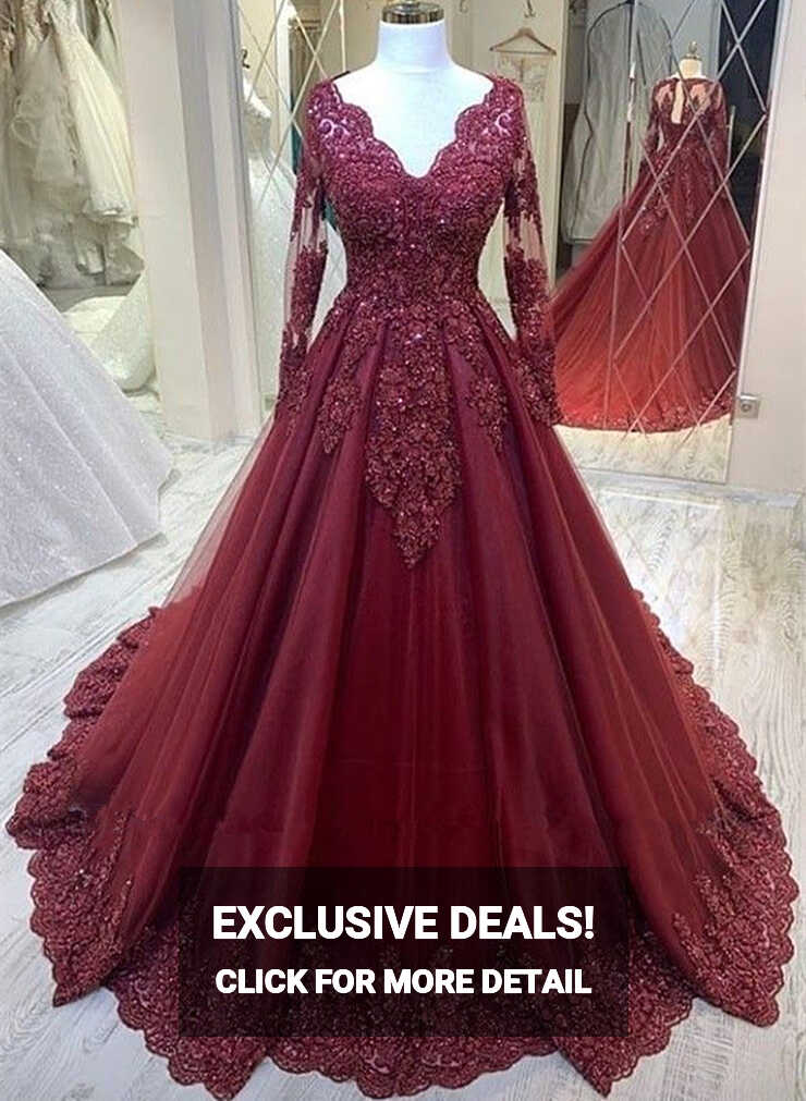 Burgundy V-neckline Tulle Long Sleeves with Lace Prom Dress ...