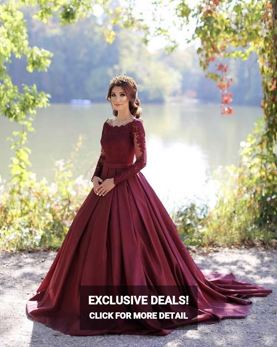 Burgundy Wedding Dress Lace Long Sleeves Ball Gown