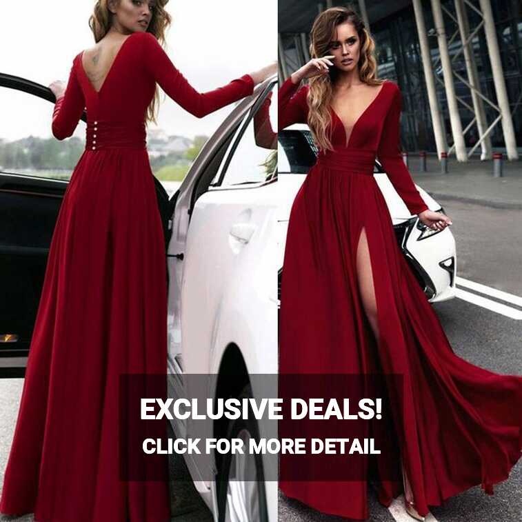 Burgundy cheap prom dresses long sleeve v neck simple elegant prom ...