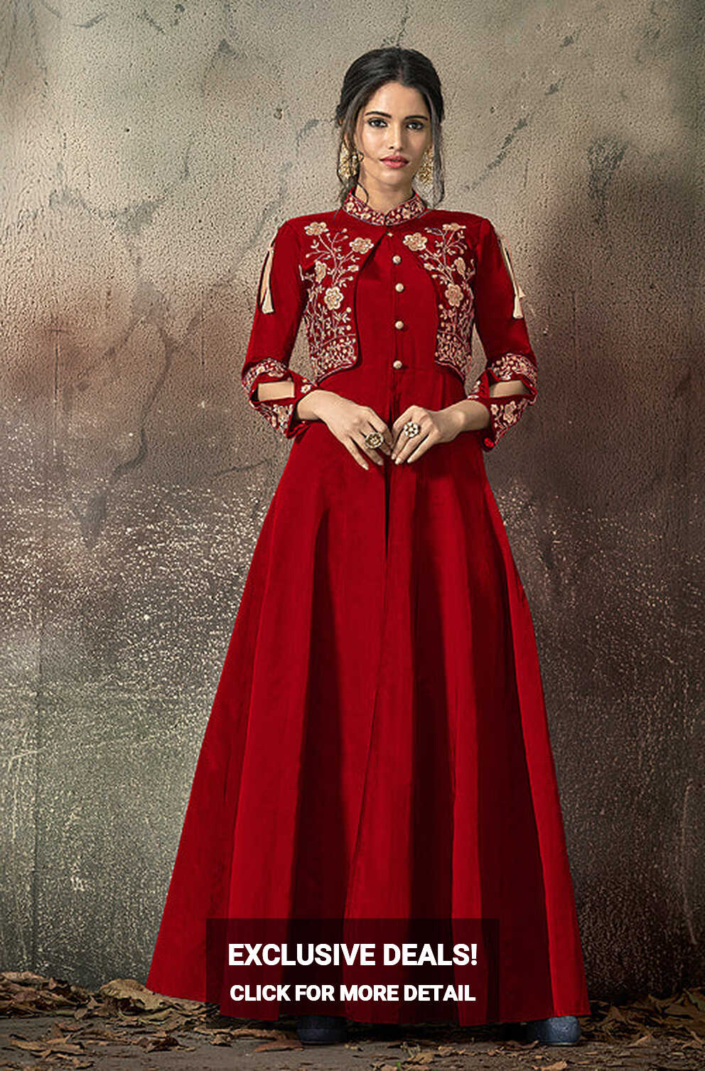 Burnt Red Designer Embroidered Taffeta Silk Party Wear Gown ...