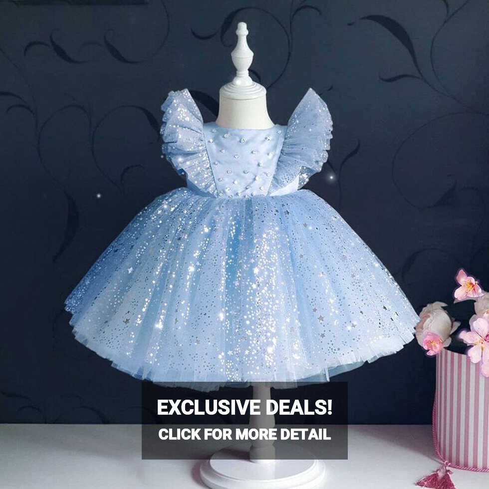 Butterfly Blue Starry print Fluffy Birthday Girl Party Wear Dress ...