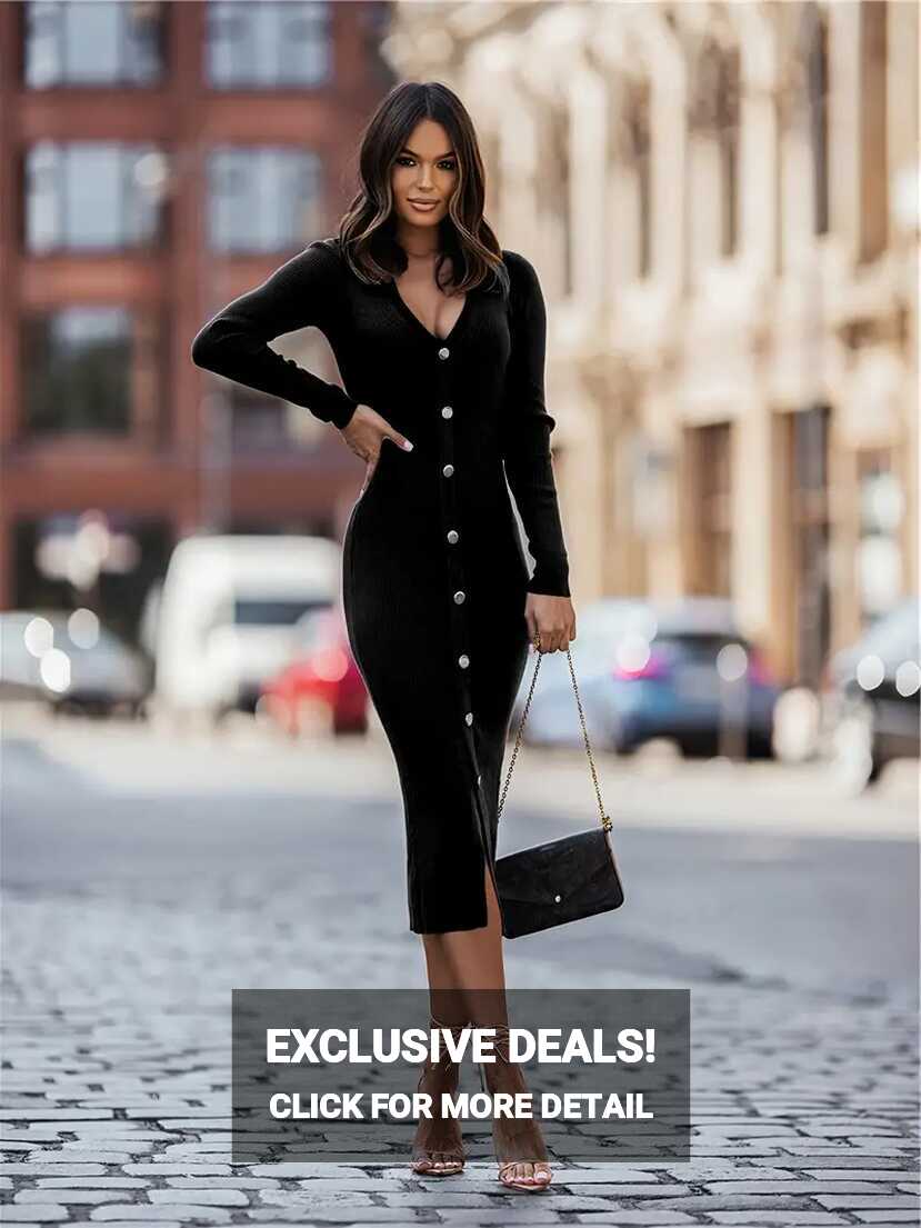 Button Front Midi Dress Casual V Neck Long Sleeve Bodycon - Temu