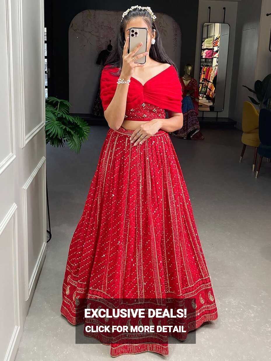 Buy Appealing Red Sequins Georgette Party Wear Crop Top Lehenga ...