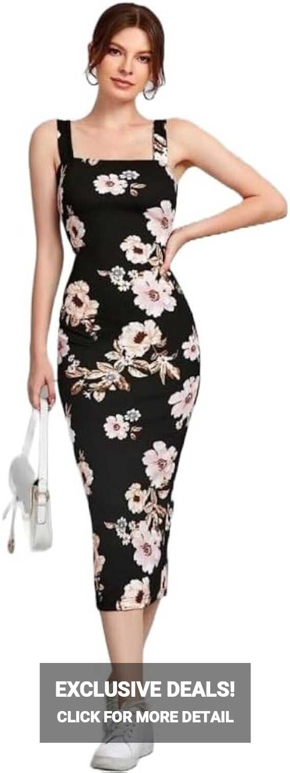 Buy Attire Empire Women Bodycon Black Floral Printed Midi Dress at ...