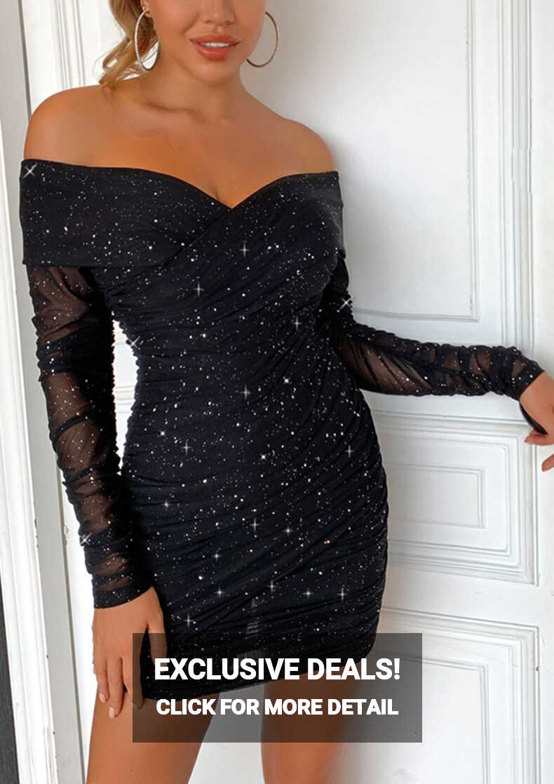 Buy BLACK OFF-SHOULDER SEQUIN ALL-RUCHED BODYCON DRESS for Women ...