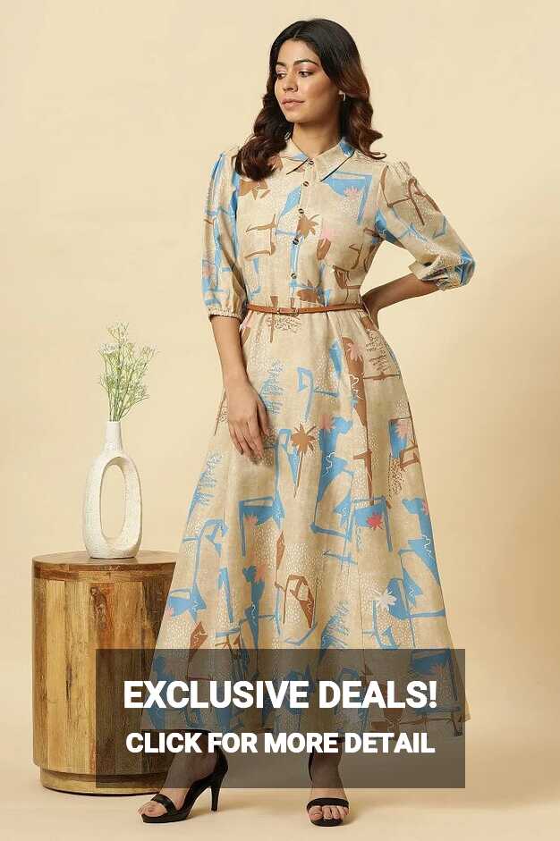 Buy Beige Abstract Printed Western Long Dress With Belt Online ...