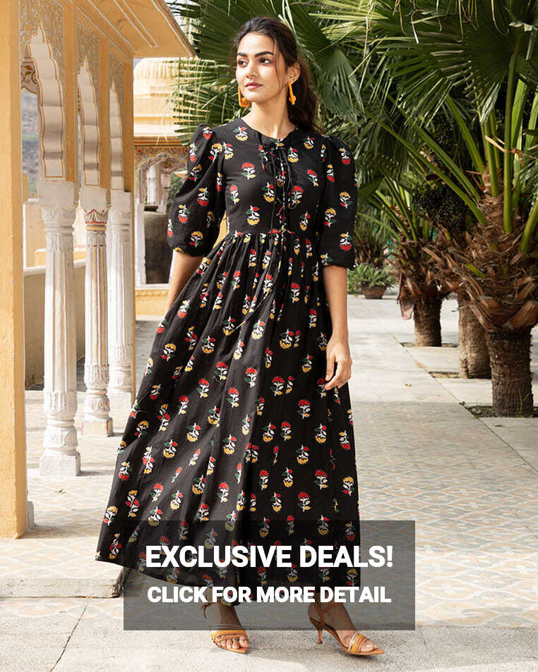 Buy Black Floral Printed Cotton Maxi Dress Online in India