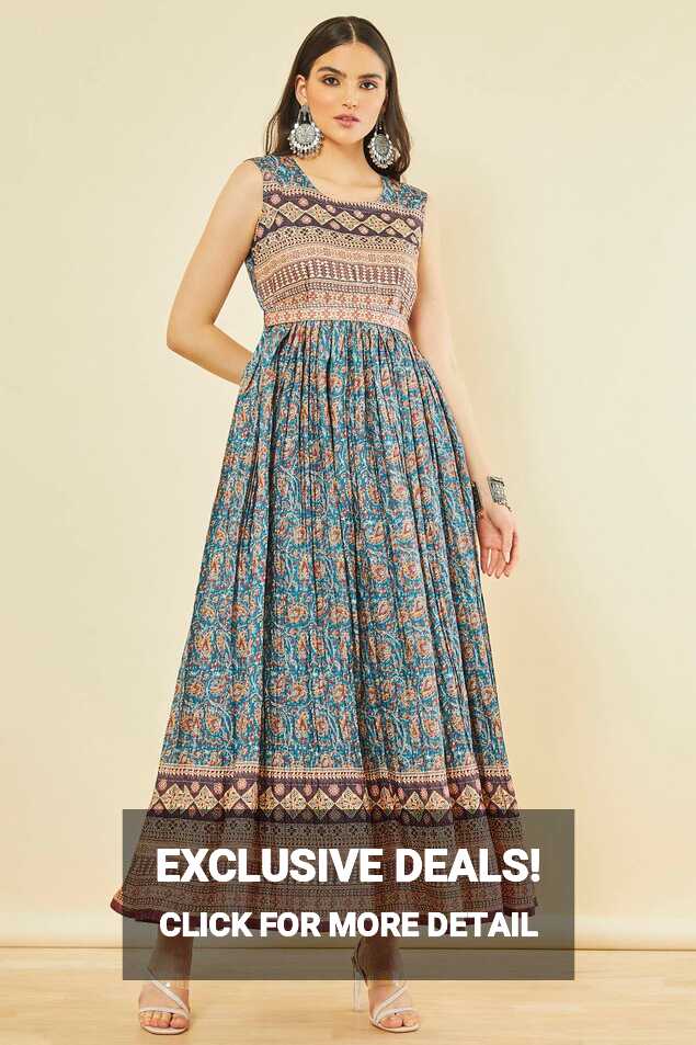 Buy Blue Art Silk Paisley Print Sleeveless Dress with Belt for ...