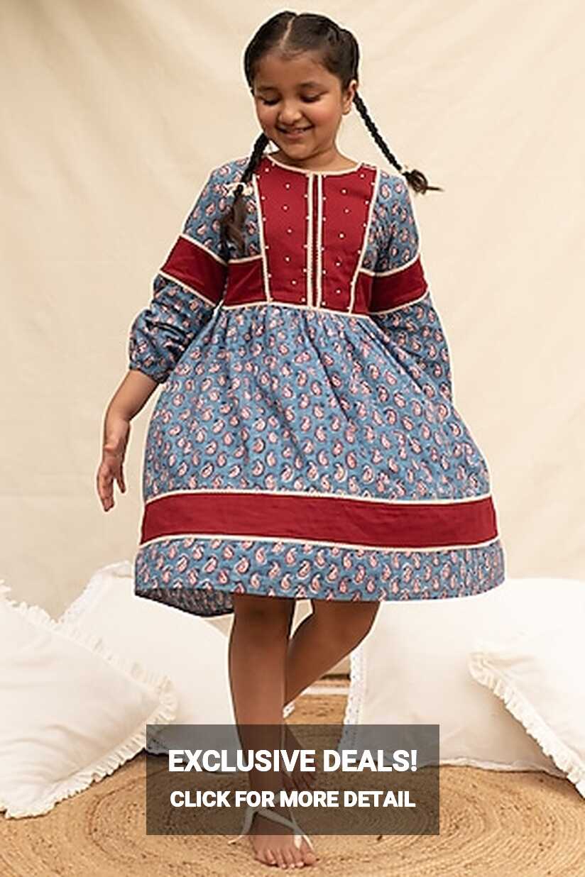 Buy Blue Block Printed Dress for 13-14 Year Girls Online from ...