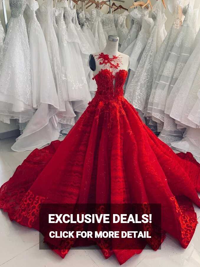 Buy Bright Red Princess Wedding Dress With Unique Neck Design ...